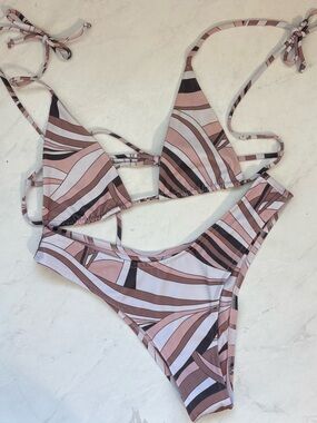 Tan Lines Size S/M Mauve Pink Striped Bikini Set Beach Swim Resortwear Travel